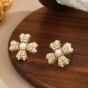 Gold Pearl Cluster Floral Stud Earrings for Women